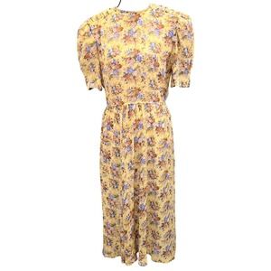 80s VTG Leslie Fay Dress Womens 10 Yellow Floral Puff Sleeve Midi Shoulder Pads